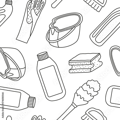 Vector seamless pattern with accessories for cleaning the house in doodle style. Drawing for various projects with equipment for cleaning.