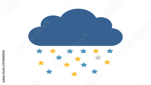 Flat vector rain cloud where raindrops turn into tiny stars, hope and beauty in simplicity.
