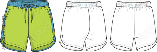 Athletic shorts flat fashion sketch, sportswear design with side pockets, front side back view, drawstring waistband, cad drawing flat vector illustration