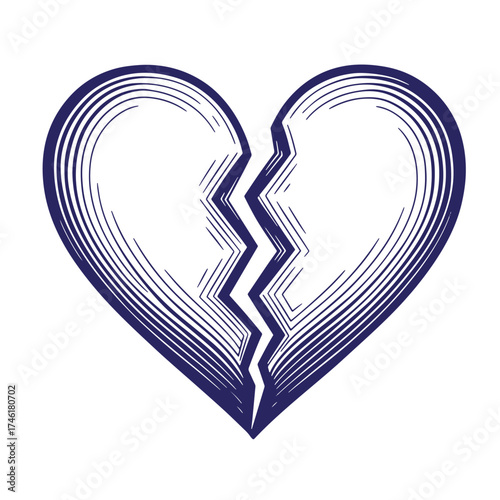 Vintage hand drawn broken heart illustration depicting sadness and emotional pain