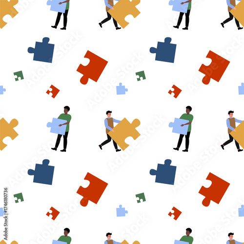 Colorful puzzle pieces being carried by people in a playful, creative scene