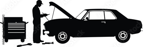 Mechanic repairing car engine, auto maintenance service, vehicle inspection, professional technician, automotive repair, garage workspace, mechanical tools, car diagnostics.