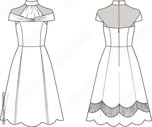 High neck scalloped hem dress flat fashion sketch, sheer overlay cape detail, front and back view, cad drawing flat vector illustration