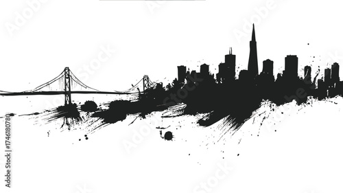 San Francisco skyline illustrated in expressive black ink brush grunge art