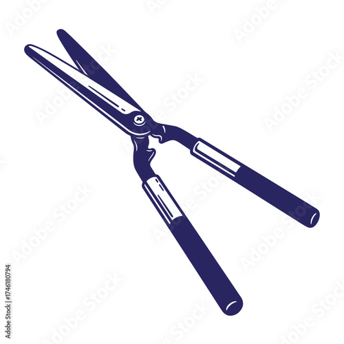 Vintage hand drawn garden shears illustration showing gardening tools concept in dark blue