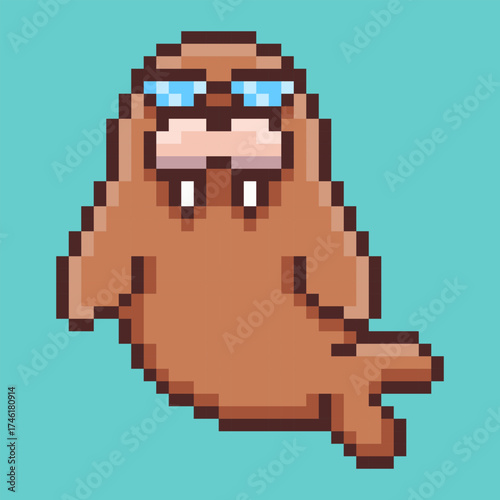 Retro pixel art of cool walrus character wearing sunglasses. This 8-bit illustration of the arctic mammal is a perfect symbol for summer fun, vacation vibes and marine wildlife with attitude