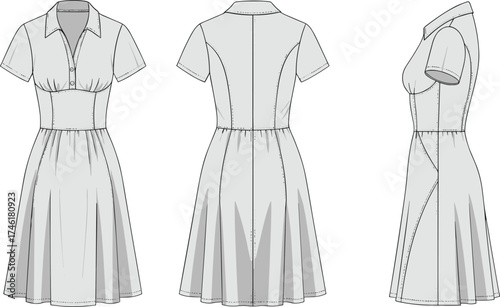 Short sleeve collared dress flat fashion sketch, technical clothing design, front back side view, garment construction, cad drawing flat vector illustration