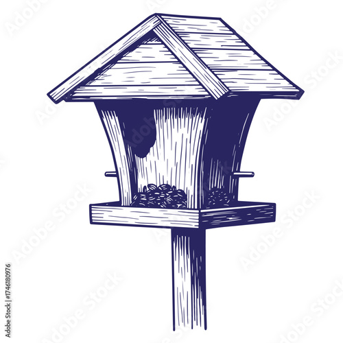 Vintage hand drawn illustration of a bird feeder filled with seeds for avian wildlife