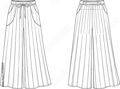 Pleated wide leg pants fashion flat sketch, technical clothing design, casual and formal trousers, garment construction, cad drawing flat vector illustration