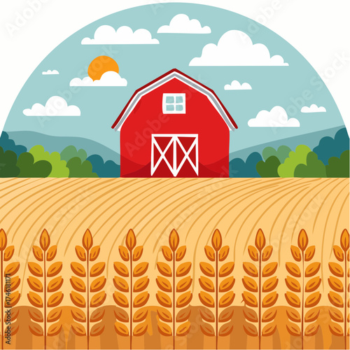 Vibrant rural landscape with a red barn nestled behind a golden wheat field, depicted in a charming flat vector illustration style