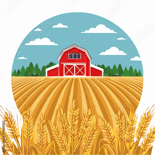 Bucolic farm landscape with a red barn and golden wheat field, framed by a wreath of grain stalks, flat vector illustration