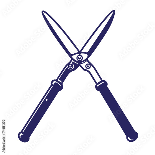 Vintage hand drawn illustration of crossed garden shears pruning tool in dark blue