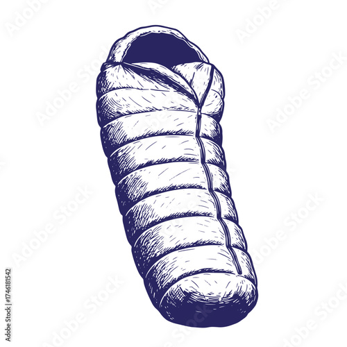 Vintage hand drawn sleeping bag illustration for camping and outdoor adventures