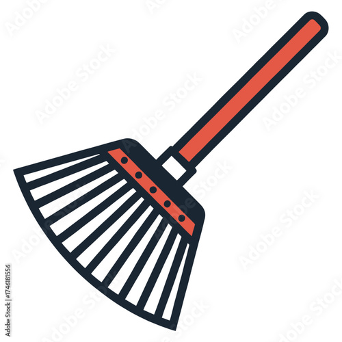 Rake Icon with Red Handle, Garden Tool Illustration