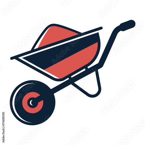 Wheelbarrow Icon, Red and Blue Flat Design Illustration Isolated on White