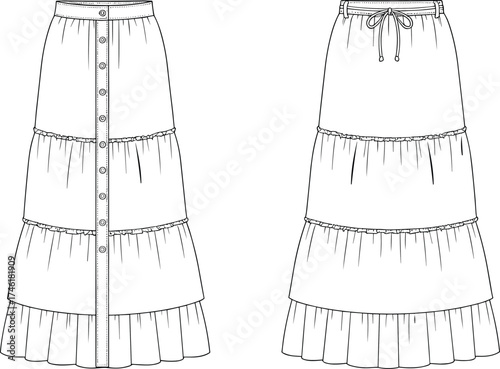 Tiered skirt technical flat sketch, button placket and drawstring waistband variations, three gathered layers, fashion apparel design, CAD drawing flat vector illustration
