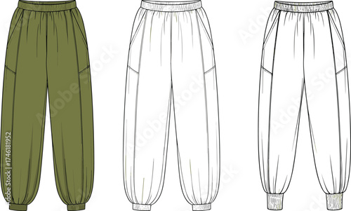 Jogger pants technical flat sketch, olive green vector illustration, elastic waistband, side pockets, ankle cuffs, seam detail, CAD drawing flat vector illustration