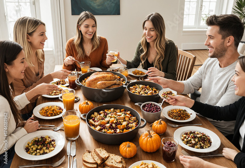 Friends gathered around a table sharing a meal for Friendsgiving