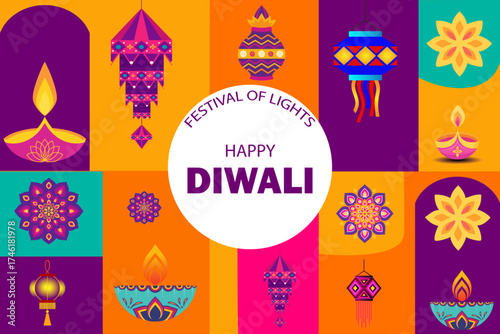 Happy Diwali Festival of Lights Greeting with Colorful Diyas and Lanterns