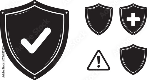Set of black shield icons representing security protection safety and warning signals