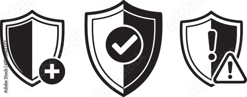 Three stylized shields representing security concepts protection verification and warning