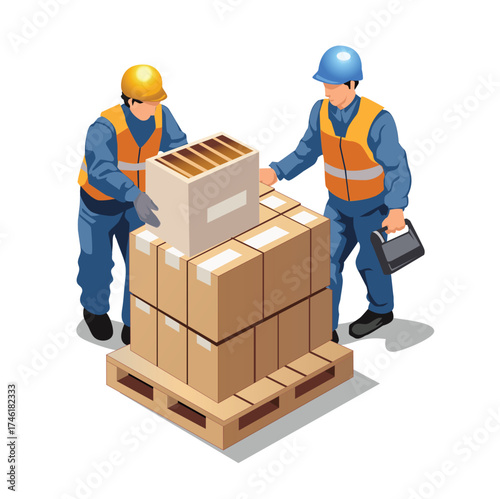 Isometric illustration of workers work stacking goods