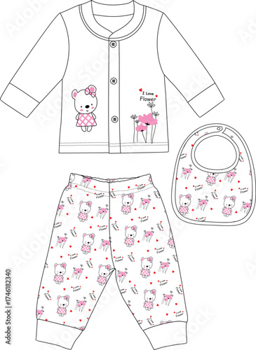 baby girls set with cute teddy print illustrations vector art.