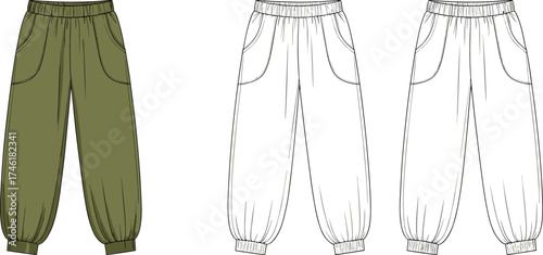 Fashion jogger pants technical flat sketch, olive green vector illustration, elastic waistband, side pockets, ankle cuffs, CAD drawing flat vector illustration