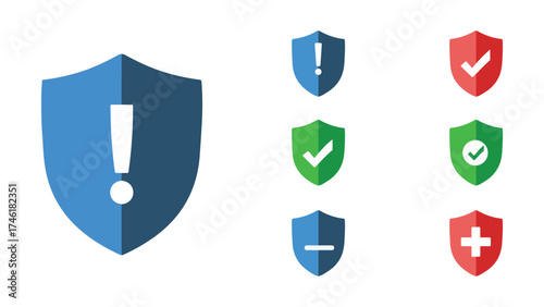 Collection of shields with security and warning icons representing protection and safety