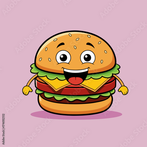 Happy cartoon burger character with big smile and tongue out