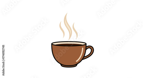 A simple cartoon illustration of a steaming hot brown coffee cup.