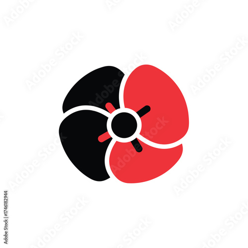 Remembrance Poppy Icon Black and Red Isolated