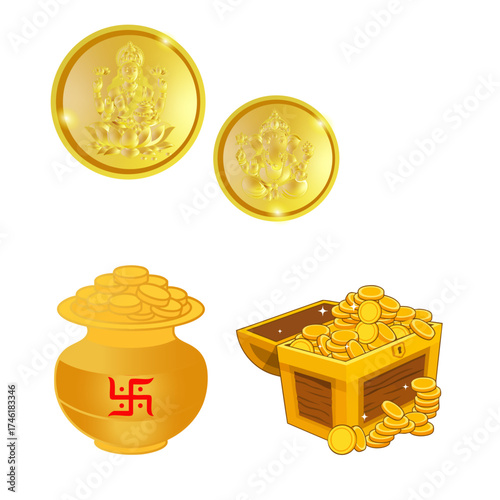 Happy Dhanteras Greeting with Golden Coins of Goddess Lakshmi on Red Background