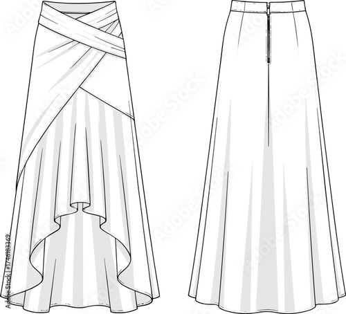 High low wrap skirt fashion design, draped overlapping panel with flared silhouette, stylish women apparel template, cad drawing flat vector illustration