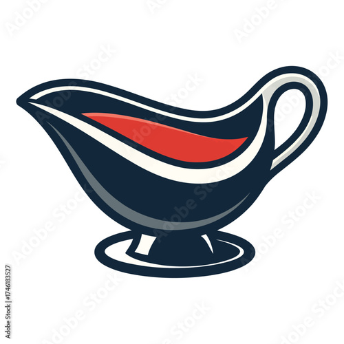 Gravy Boat Illustration with Red Sauce, Dark Blue and White Design