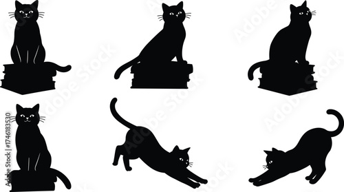 Black cat silhouettes sitting on books, playful feline poses, stretching kitten illustration, spooky Halloween design, cute cartoon animal artwork