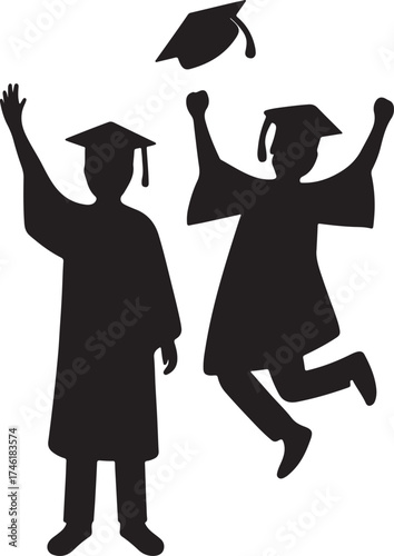 Graduation Celebration Silhouette Students in Gowns and Mortarboards Vector Illustration 