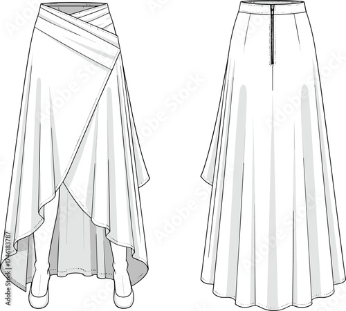Asymmetrical wrap skirt fashion design, high low hemline with draped layers, stylish women apparel template, cad drawing flat vector illustration