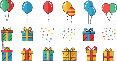 Celebrate joy with colorful balloons, confetti, and delightful gift boxes