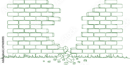 Broken Brick Wall with Grass and Debris