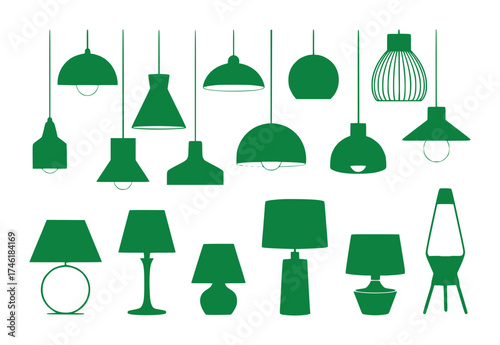 Collection of Green Lamp Silhouettes - Pendant, Table, and Lava Lamps