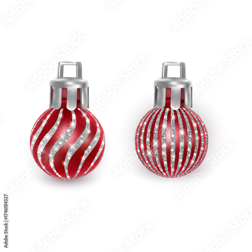 Christmas tree bauble set in 3d realistic glass style on white background