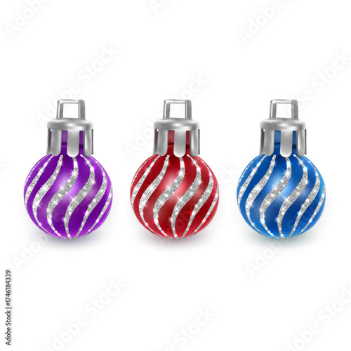 Christmas tree bauble set in 3d realistic glass style on white background