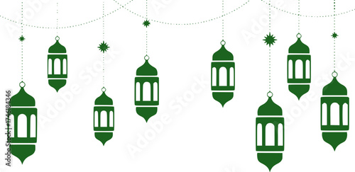 Green Islamic Lanterns and Stars Hanging on Dotted Lines