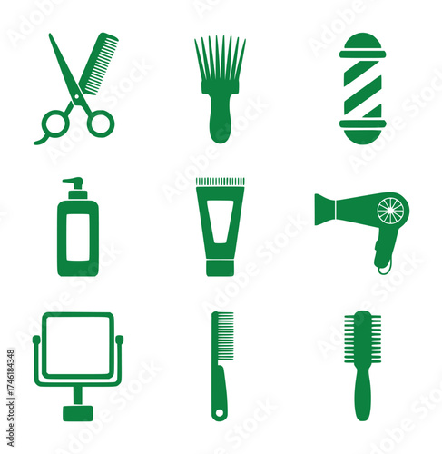 Green Icons of Hair Salon Tools and Products on White Background
