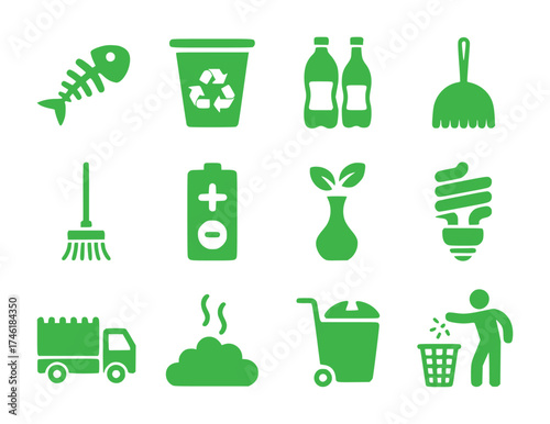 Green Icons Representing Recycling, Waste Management, and Environmental Care