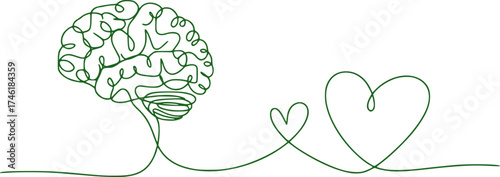 Green Line Art Brain and Hearts Symbolizing Connection and Well-being