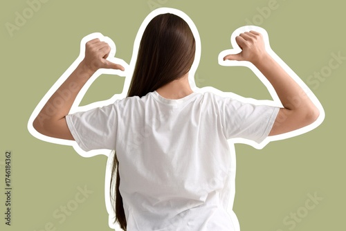 Young woman pointing at her...