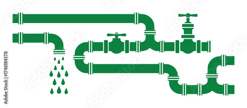 Green Plumbing System with Dripping Water and Faucets