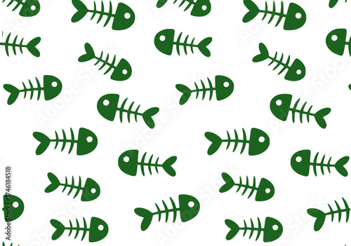 Seamless Pattern of Green Fish Skeletons on White Background